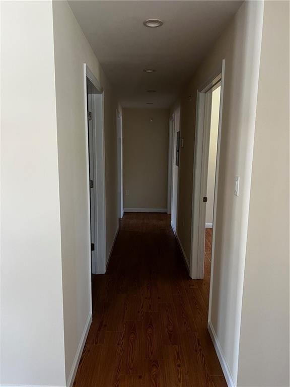 hallway with dark hardwood / wood-style floors