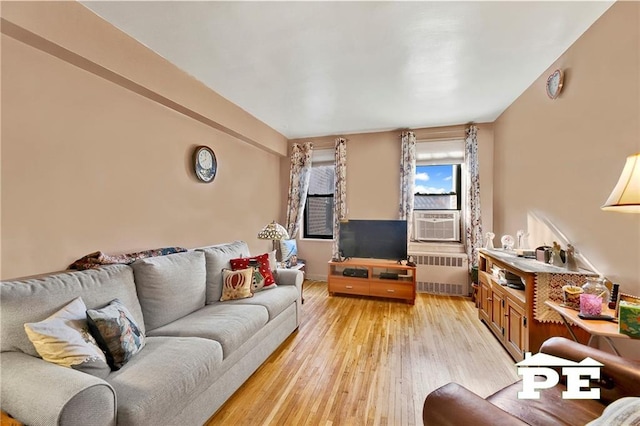 living room featuring radiator and light hardwood / wood-style floors