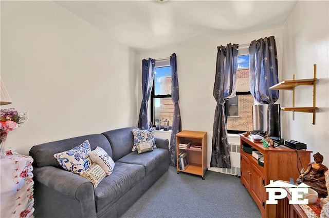 living room with plenty of natural light, dark carpet, and radiator heating unit