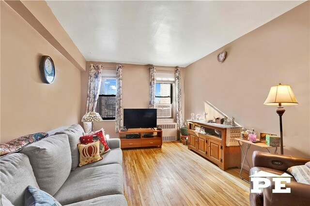 living room featuring radiator and light wood-type flooring