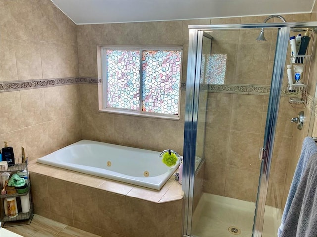 43 Lerer Ln, Staten Island, NY 10307 - bathroom featuring a jetted tub, a stall shower, and tile patterned flooring