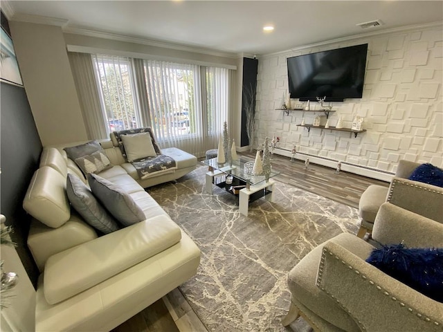 43 Lerer Ln, Staten Island, NY 10307 - living room with crown molding, wood finished floors, and recessed lighting