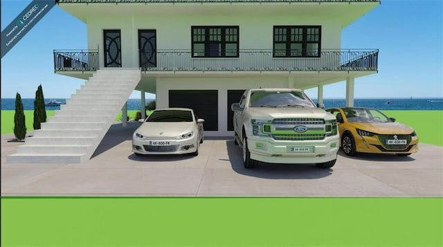 view of car parking featuring driveway, an attached garage, stairs, and a carport