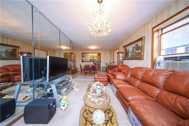 living room with an inviting chandelier and cooling unit