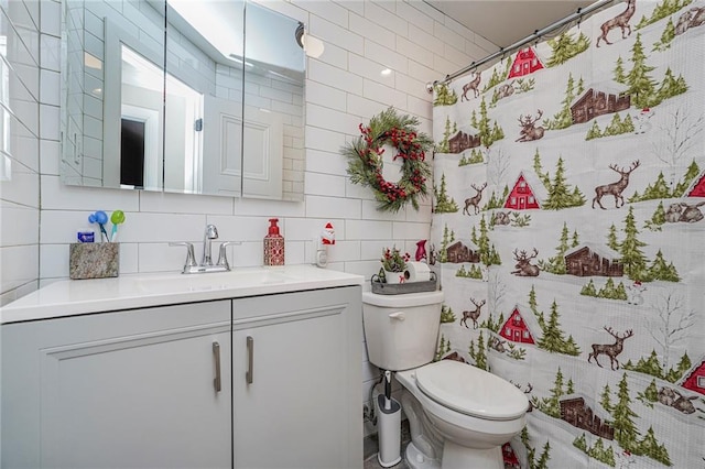 50 Bay 46th St, Brooklyn, NY 11214 - bathroom with vanity, toilet, tile walls, backsplash, and a shower with curtain
