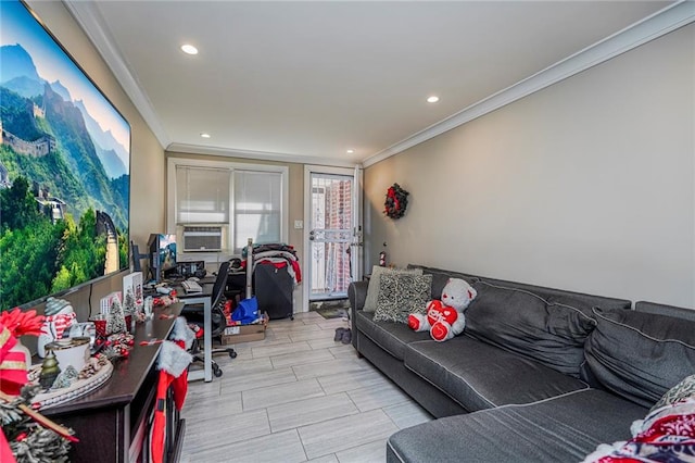 living area featuring cooling unit, recessed lighting, and ornamental molding