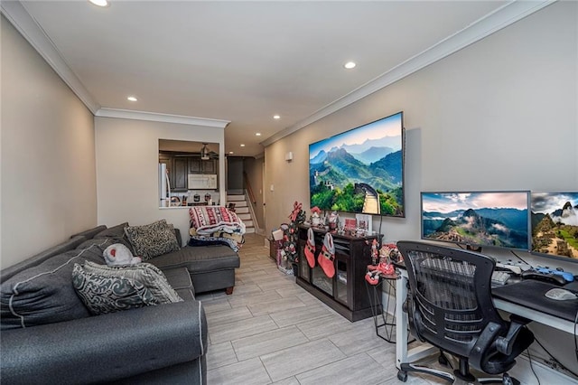 living room featuring recessed lighting, stairway, wood finish floors, and ornamental molding