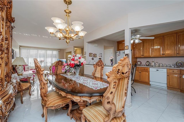 50 Bay 46th St, Brooklyn, NY 11214 - dining space featuring light marble finish floors, a chandelier, and a ceiling fan