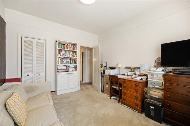 home office with light colored carpet