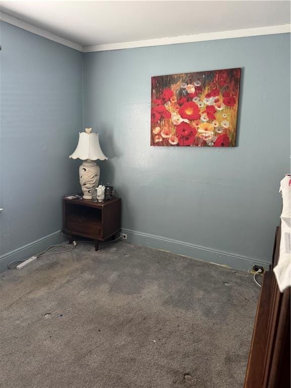 empty room featuring crown molding and carpet flooring