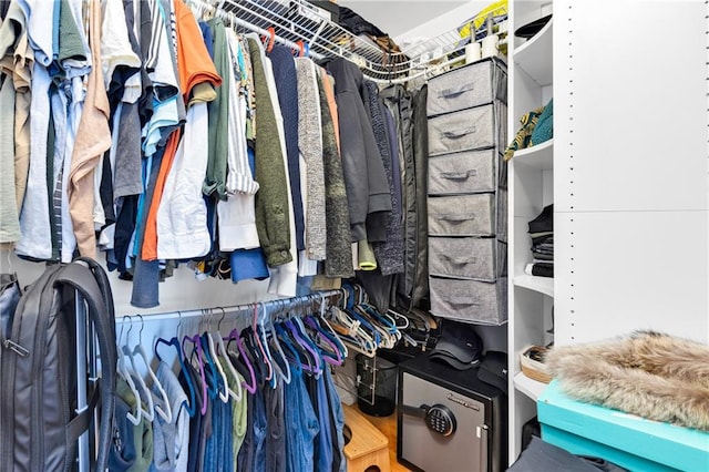 walk in closet with wood finished floors