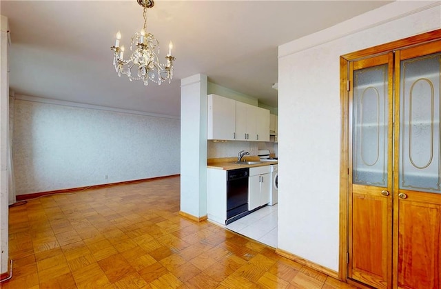 kitchen with sink, light parquet floors, dishwasher, white cabinets, and decorative light fixtures