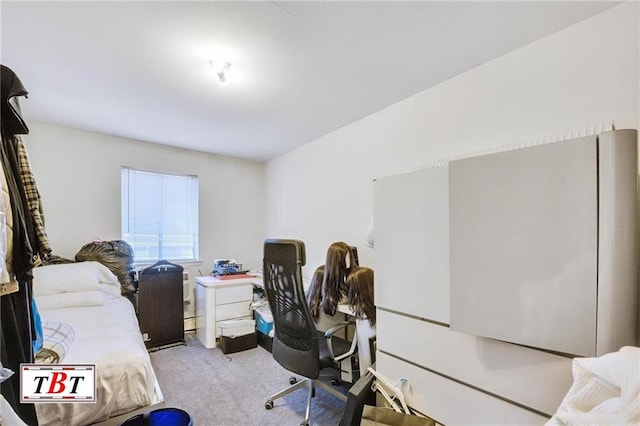 bedroom featuring light carpet