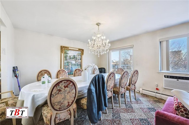 dining space featuring an inviting chandelier, a baseboard heating unit, and a wall mounted AC