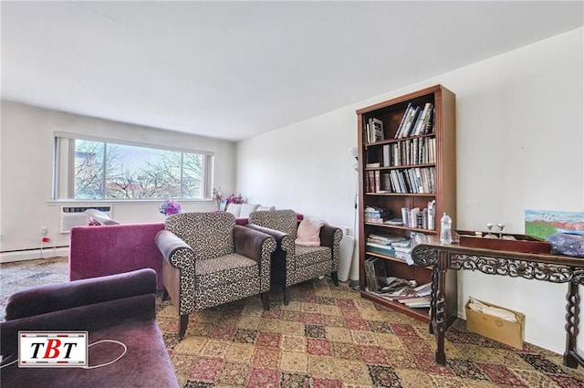 living room with a baseboard radiator and an AC wall unit