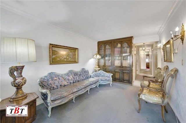 living area featuring ornamental molding and carpet flooring