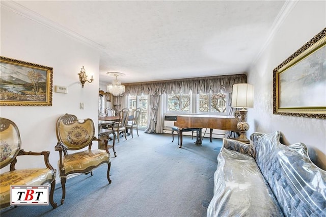 carpeted living room featuring a notable chandelier, baseboard heating, and ornamental molding