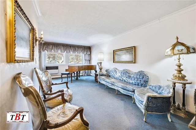 carpeted living room featuring crown molding