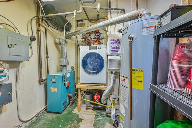 utilities with water heater, washer / dryer, and electric panel