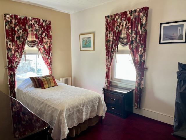 carpeted bedroom with multiple windows and radiator heating unit