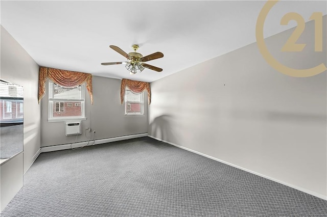 carpeted empty room featuring ceiling fan, a wall mounted air conditioner, and baseboard heating