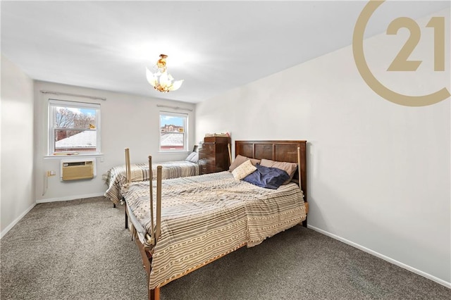 bedroom featuring an AC wall unit, a chandelier, and carpet