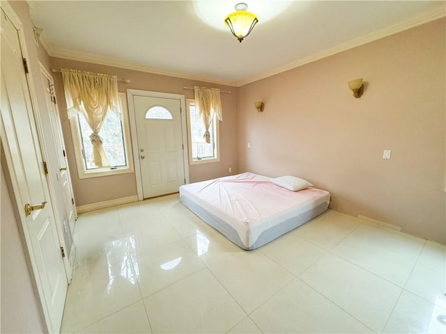 tiled bedroom with crown molding