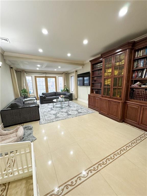 tiled living room featuring ornamental molding