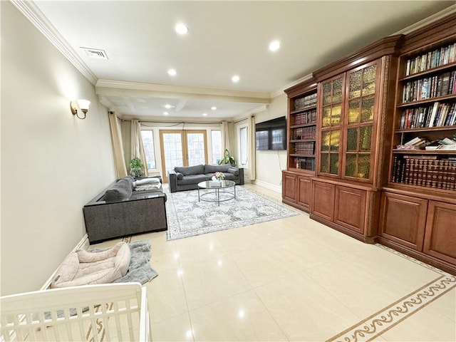 tiled living room with crown molding