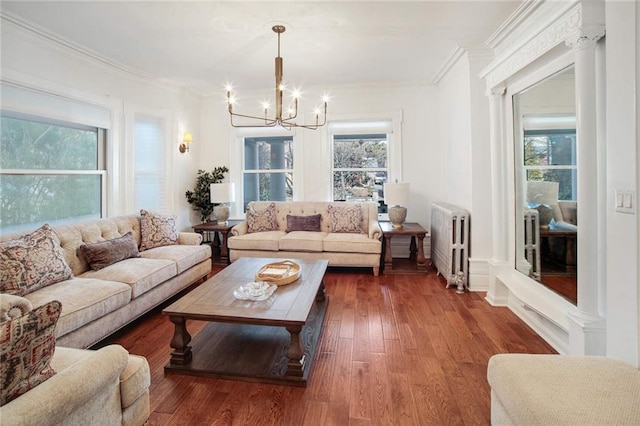 living room featuring radiator, dark wood-type flooring, an inviting chandelier, decorative columns, and ornamental molding