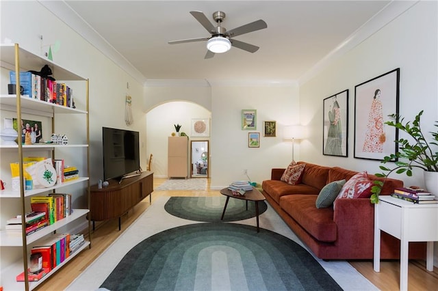 living room featuring ceiling fan, ornamental molding, and light wood-type flooring