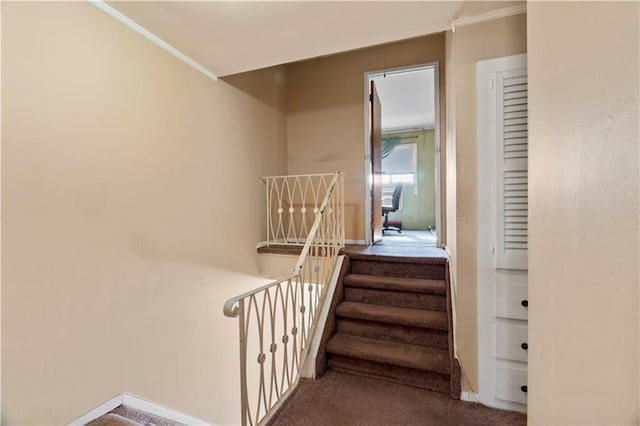 stairway with carpet flooring, crown molding, and baseboards