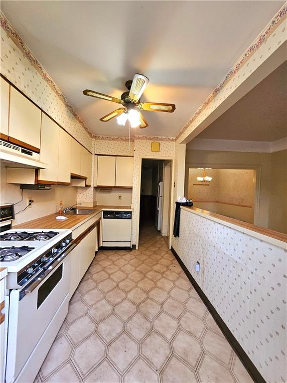 kitchen with ceiling fan, white appliances, and sink