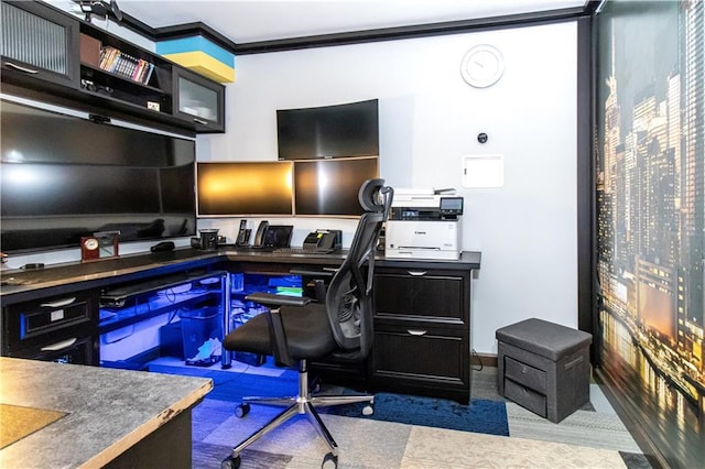 home office with crown molding