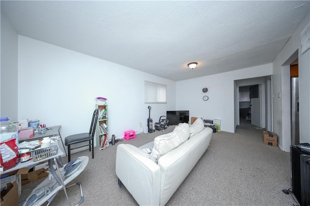 carpeted living room featuring a textured ceiling