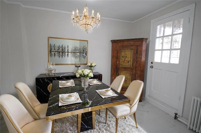298 Bay 14th St, Brooklyn, NY 11214 - dining area with radiator heating unit, a chandelier, marble look tiles, and crown molding