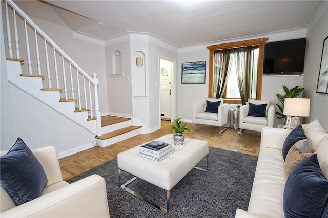 298 Bay 14th St, Brooklyn, NY 11214 - living room with ornamental molding and stairs