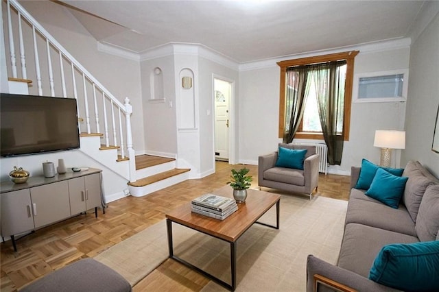 298 Bay 14th St, Brooklyn, NY 11214 - living room featuring stairs, crown molding, and radiator heating unit
