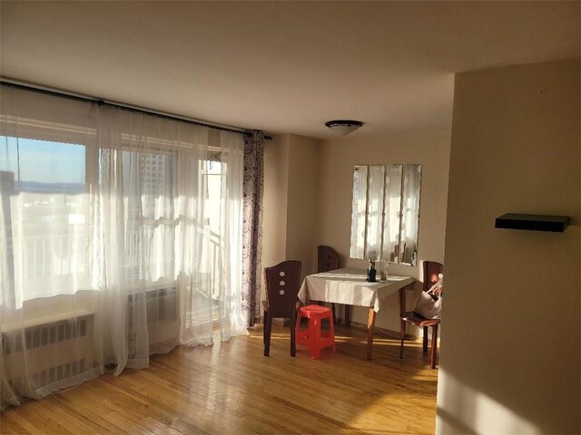 sitting room featuring radiator heating unit and light wood-type flooring