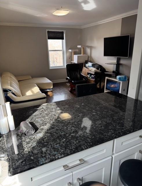 393 Avenue S Unit 5H, Brooklyn, NY 11223 - living area featuring dark wood-style floors, baseboards, and ornamental molding