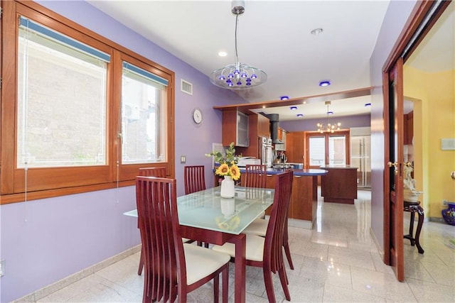 dining room featuring recessed lighting, baseboards, visible vents, an inviting chandelier, and light tile patterned flooring