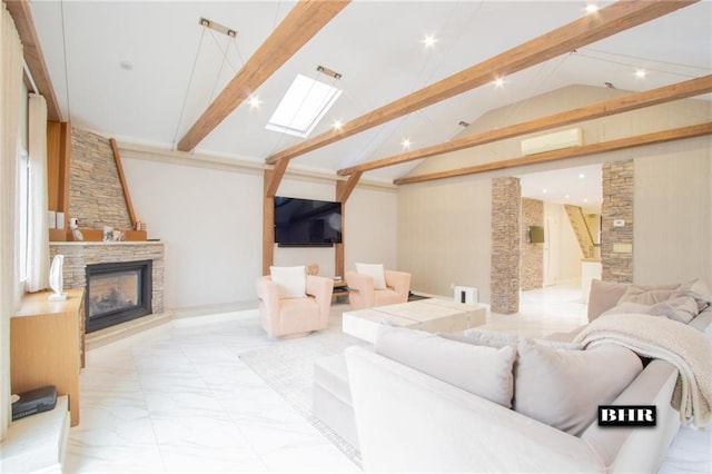 living room featuring a stone fireplace, marble finish floor, stairway, and beamed ceiling