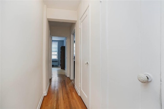 hall featuring radiator, baseboards, and light wood-type flooring