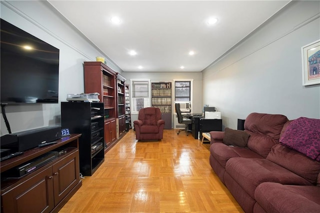 living room with recessed lighting