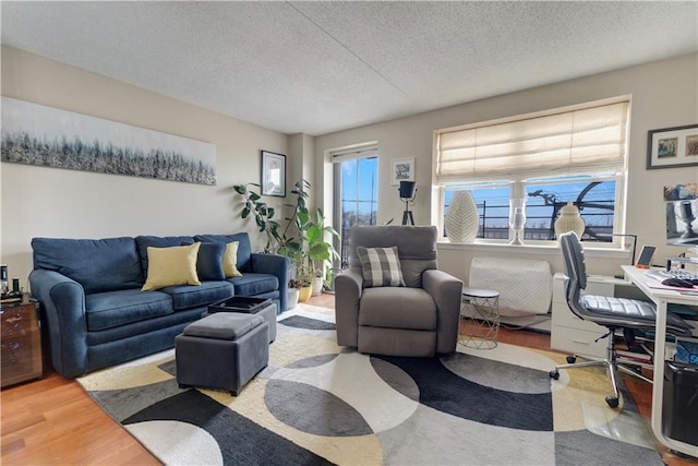 living area with a textured ceiling and wood finished floors