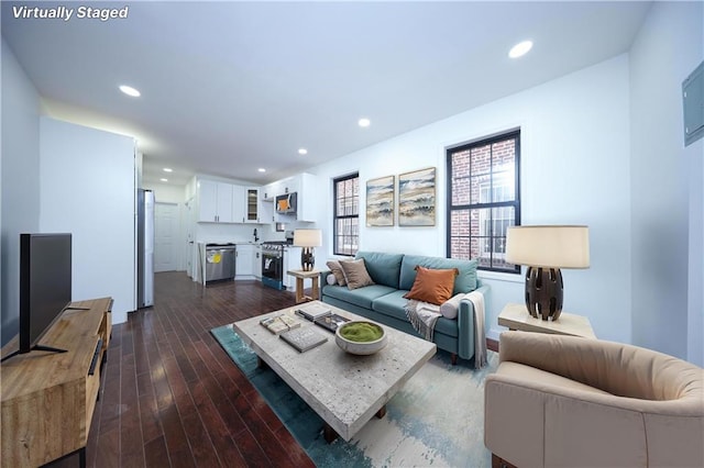 living room with dark wood-type flooring