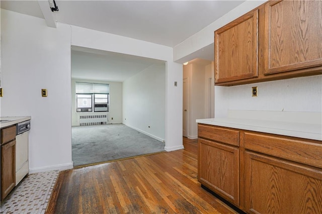 kitchen with radiator heating unit, light hardwood / wood-style floors, and dishwasher