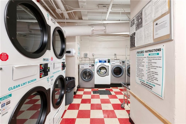 2525 Nostrand Ave Unit 3R, Brooklyn, NY 11210 - shared laundry with tile patterned floors, washing machine and dryer, and stacked washer and clothes dryer