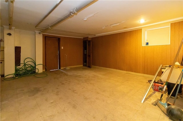 basement with wooden walls