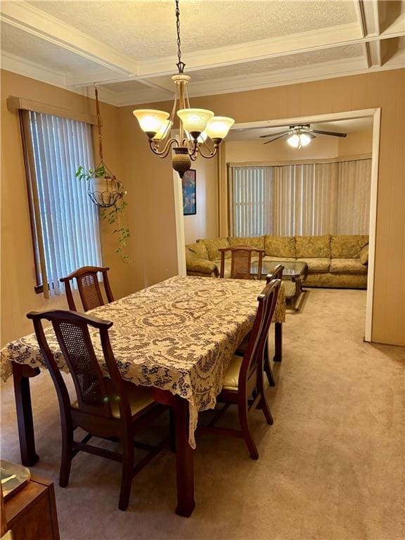 dining space with beam ceiling, carpet flooring, coffered ceiling, a textured ceiling, and ceiling fan with notable chandelier